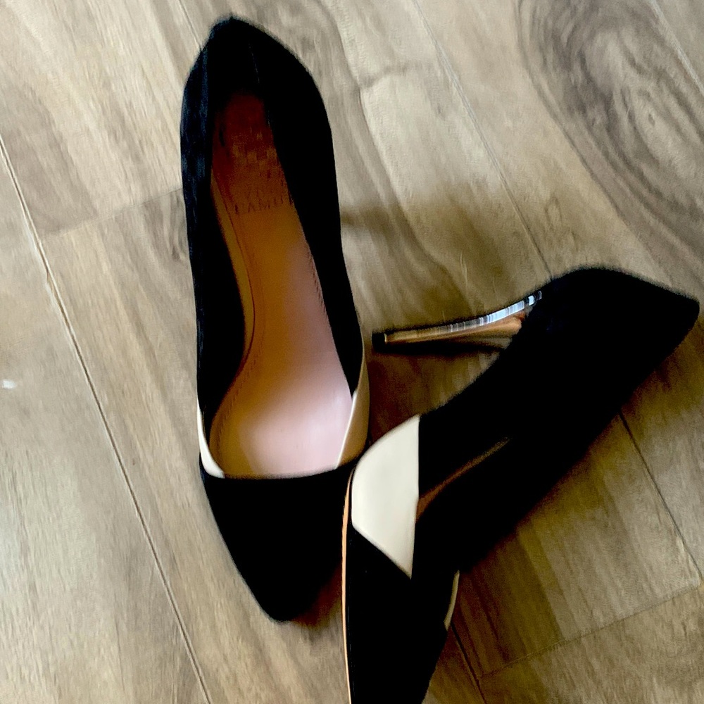 Vince Camuto Black and Cream Suede Heels